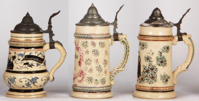 Six Diesinger steins, pottery, .5L, 1189, threading, faint hairline under base; with, ,5L, 189, relief; with, .5L, threading & relief, replaced metal lid; with, .5L, 971, incised, metal lid; with, .5L, 9, relief, browning; with, .5L, 971, incised, factory - 4