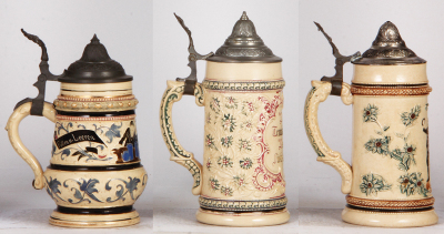 Six Diesinger steins, pottery, .5L, 1189, threading, faint hairline under base; with, ,5L, 189, relief; with, .5L, threading & relief, replaced metal lid; with, .5L, 971, incised, metal lid; with, .5L, 9, relief, browning; with, .5L, 971, incised, factory - 5