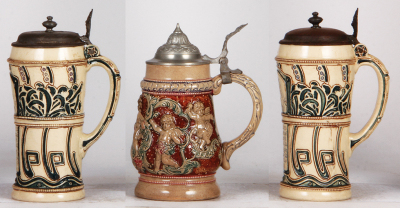 Six Diesinger steins, pottery, .5L, 1189, threading, faint hairline under base; with, ,5L, 189, relief; with, .5L, threading & relief, replaced metal lid; with, .5L, 971, incised, metal lid; with, .5L, 9, relief, browning; with, .5L, 971, incised, factory - 6