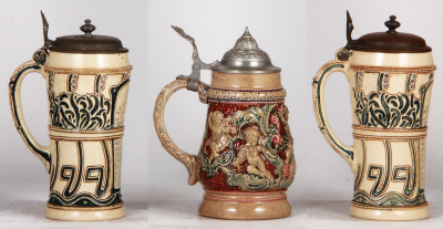 Six Diesinger steins, pottery, .5L, 1189, threading, faint hairline under base; with, ,5L, 189, relief; with, .5L, threading & relief, replaced metal lid; with, .5L, 971, incised, metal lid; with, .5L, 9, relief, browning; with, .5L, 971, incised, factory - 7