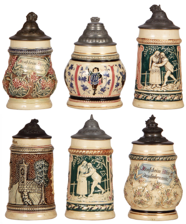 Six Diesinger steins, pottery, .25L, relief; with, .25L, 1283, threading; with, .25L, 93, relief, small lid tear; with, .25L, relief, St. Augustine, Florida, lid dent; with, .25L, 93, no thumblift; with, .25L, 2, relief, all have pewter lids, most good co