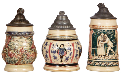 Six Diesinger steins, pottery, .25L, relief; with, .25L, 1283, threading; with, .25L, 93, relief, small lid tear; with, .25L, relief, St. Augustine, Florida, lid dent; with, .25L, 93, no thumblift; with, .25L, 2, relief, all have pewter lids, most good co - 2