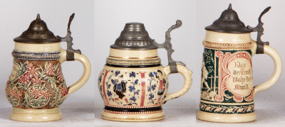 Six Diesinger steins, pottery, .25L, relief; with, .25L, 1283, threading; with, .25L, 93, relief, small lid tear; with, .25L, relief, St. Augustine, Florida, lid dent; with, .25L, 93, no thumblift; with, .25L, 2, relief, all have pewter lids, most good co - 4