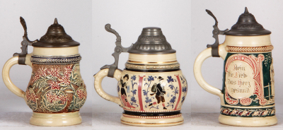 Six Diesinger steins, pottery, .25L, relief; with, .25L, 1283, threading; with, .25L, 93, relief, small lid tear; with, .25L, relief, St. Augustine, Florida, lid dent; with, .25L, 93, no thumblift; with, .25L, 2, relief, all have pewter lids, most good co - 5