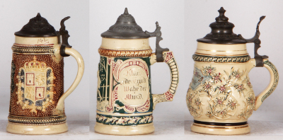 Six Diesinger steins, pottery, .25L, relief; with, .25L, 1283, threading; with, .25L, 93, relief, small lid tear; with, .25L, relief, St. Augustine, Florida, lid dent; with, .25L, 93, no thumblift; with, .25L, 2, relief, all have pewter lids, most good co - 6