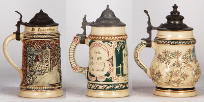 Six Diesinger steins, pottery, .25L, relief; with, .25L, 1283, threading; with, .25L, 93, relief, small lid tear; with, .25L, relief, St. Augustine, Florida, lid dent; with, .25L, 93, no thumblift; with, .25L, 2, relief, all have pewter lids, most good co - 7