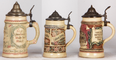 Six Diesinger steins, pottery, .25L, 98, relief; with, .25L, 87, relief; with, .25L, relief, Mt. Clemens Mich.; with, .3L, threading & relief, lid tear; with, .25L, 87, relief, new lid; .3L, threading & relief, new lid, all have pewter lids, most good con - 4