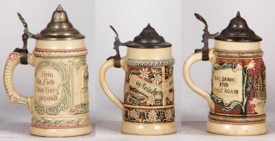 Six Diesinger steins, pottery, .25L, 98, relief; with, .25L, 87, relief; with, .25L, relief, Mt. Clemens Mich.; with, .3L, threading & relief, lid tear; with, .25L, 87, relief, new lid; .3L, threading & relief, new lid, all have pewter lids, most good con - 5