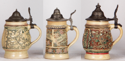 Six Diesinger steins, pottery, .25L, 98, relief; with, .25L, 87, relief; with, .25L, relief, Mt. Clemens Mich.; with, .3L, threading & relief, lid tear; with, .25L, 87, relief, new lid; .3L, threading & relief, new lid, all have pewter lids, most good con - 6