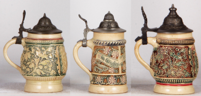 Six Diesinger steins, pottery, .25L, 98, relief; with, .25L, 87, relief; with, .25L, relief, Mt. Clemens Mich.; with, .3L, threading & relief, lid tear; with, .25L, 87, relief, new lid; .3L, threading & relief, new lid, all have pewter lids, most good con - 7