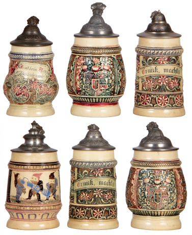 Six Diesinger steins, pottery, .25L, 2, relief, base chip; with, .3L, threading & relief; with, .25L, 87, relief, new lid; with, .25L, 5, threading; with, .25L, 87, relief; with, .3L, threading & relief, all have pewter lids, most good condition.