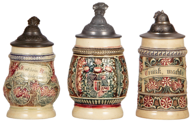 Six Diesinger steins, pottery, .25L, 2, relief, base chip; with, .3L, threading & relief; with, .25L, 87, relief, new lid; with, .25L, 5, threading; with, .25L, 87, relief; with, .3L, threading & relief, all have pewter lids, most good condition. - 2