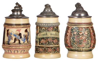 Six Diesinger steins, pottery, .25L, 2, relief, base chip; with, .3L, threading & relief; with, .25L, 87, relief, new lid; with, .25L, 5, threading; with, .25L, 87, relief; with, .3L, threading & relief, all have pewter lids, most good condition. - 3