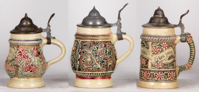 Six Diesinger steins, pottery, .25L, 2, relief, base chip; with, .3L, threading & relief; with, .25L, 87, relief, new lid; with, .25L, 5, threading; with, .25L, 87, relief; with, .3L, threading & relief, all have pewter lids, most good condition. - 4