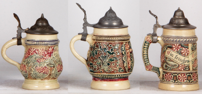 Six Diesinger steins, pottery, .25L, 2, relief, base chip; with, .3L, threading & relief; with, .25L, 87, relief, new lid; with, .25L, 5, threading; with, .25L, 87, relief; with, .3L, threading & relief, all have pewter lids, most good condition. - 5