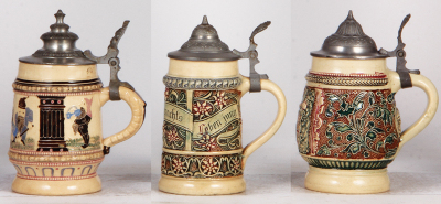 Six Diesinger steins, pottery, .25L, 2, relief, base chip; with, .3L, threading & relief; with, .25L, 87, relief, new lid; with, .25L, 5, threading; with, .25L, 87, relief; with, .3L, threading & relief, all have pewter lids, most good condition. - 6