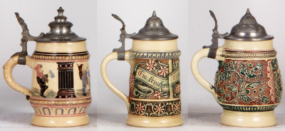 Six Diesinger steins, pottery, .25L, 2, relief, base chip; with, .3L, threading & relief; with, .25L, 87, relief, new lid; with, .25L, 5, threading; with, .25L, 87, relief; with, .3L, threading & relief, all have pewter lids, most good condition. - 7