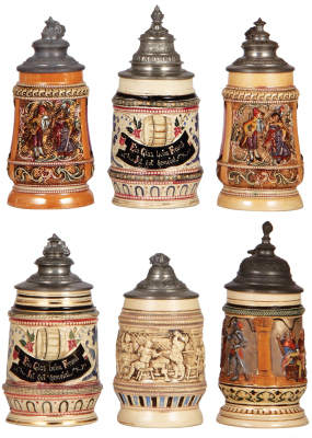 Six Diesinger steins, pottery, .25L, relief; with, .25L, 1256, threading; with. .25L, relief; with, .25L, 1256, two base flakes; with, .25L, relief; with, .3L, 333, base chip, all have pewter lids, most good condition.