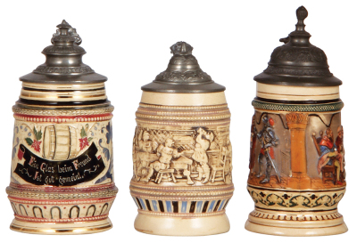 Six Diesinger steins, pottery, .25L, relief; with, .25L, 1256, threading; with. .25L, relief; with, .25L, 1256, two base flakes; with, .25L, relief; with, .3L, 333, base chip, all have pewter lids, most good condition. - 3