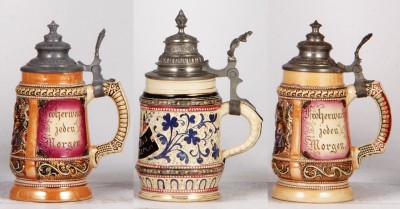 Six Diesinger steins, pottery, .25L, relief; with, .25L, 1256, threading; with. .25L, relief; with, .25L, 1256, two base flakes; with, .25L, relief; with, .3L, 333, base chip, all have pewter lids, most good condition. - 4