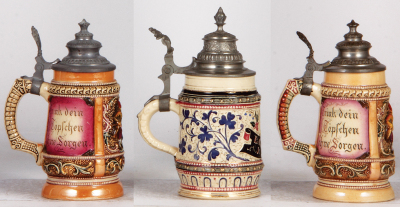 Six Diesinger steins, pottery, .25L, relief; with, .25L, 1256, threading; with. .25L, relief; with, .25L, 1256, two base flakes; with, .25L, relief; with, .3L, 333, base chip, all have pewter lids, most good condition. - 5