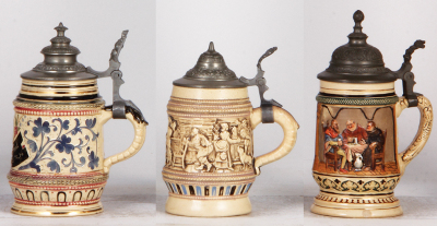 Six Diesinger steins, pottery, .25L, relief; with, .25L, 1256, threading; with. .25L, relief; with, .25L, 1256, two base flakes; with, .25L, relief; with, .3L, 333, base chip, all have pewter lids, most good condition. - 6