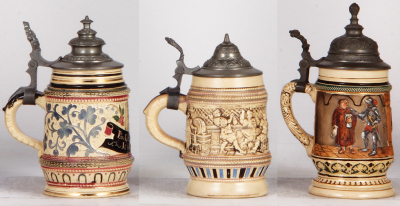 Six Diesinger steins, pottery, .25L, relief; with, .25L, 1256, threading; with. .25L, relief; with, .25L, 1256, two base flakes; with, .25L, relief; with, .3L, 333, base chip, all have pewter lids, most good condition. - 7