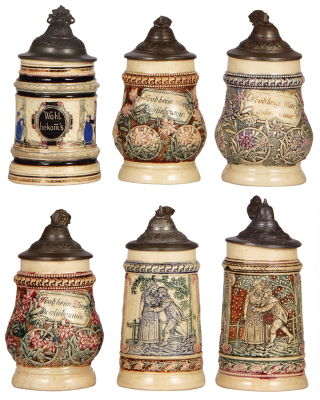 Six Diesinger steins, pottery, .25L, 1130, threading, lid bent; with, .25L, 9, relief; with, .25L, 9, relief; with, .25L, 9, relief; with, .25L, 93, lid bent, chip; with, .25L, 93, relief, lid bent, all have pewter lids, most good condition.