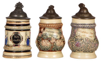 Six Diesinger steins, pottery, .25L, 1130, threading, lid bent; with, .25L, 9, relief; with, .25L, 9, relief; with, .25L, 9, relief; with, .25L, 93, lid bent, chip; with, .25L, 93, relief, lid bent, all have pewter lids, most good condition. - 2