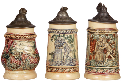 Six Diesinger steins, pottery, .25L, 1130, threading, lid bent; with, .25L, 9, relief; with, .25L, 9, relief; with, .25L, 9, relief; with, .25L, 93, lid bent, chip; with, .25L, 93, relief, lid bent, all have pewter lids, most good condition. - 3