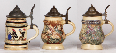 Six Diesinger steins, pottery, .25L, 1130, threading, lid bent; with, .25L, 9, relief; with, .25L, 9, relief; with, .25L, 9, relief; with, .25L, 93, lid bent, chip; with, .25L, 93, relief, lid bent, all have pewter lids, most good condition. - 4