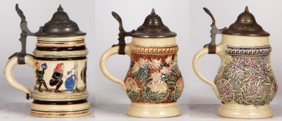 Six Diesinger steins, pottery, .25L, 1130, threading, lid bent; with, .25L, 9, relief; with, .25L, 9, relief; with, .25L, 9, relief; with, .25L, 93, lid bent, chip; with, .25L, 93, relief, lid bent, all have pewter lids, most good condition. - 5