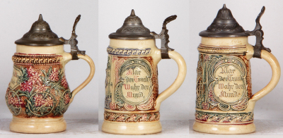 Six Diesinger steins, pottery, .25L, 1130, threading, lid bent; with, .25L, 9, relief; with, .25L, 9, relief; with, .25L, 9, relief; with, .25L, 93, lid bent, chip; with, .25L, 93, relief, lid bent, all have pewter lids, most good condition. - 6