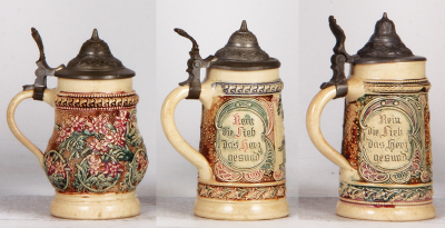 Six Diesinger steins, pottery, .25L, 1130, threading, lid bent; with, .25L, 9, relief; with, .25L, 9, relief; with, .25L, 9, relief; with, .25L, 93, lid bent, chip; with, .25L, 93, relief, lid bent, all have pewter lids, most good condition. - 7