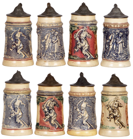 Eight Diesinger steins, pottery, all are between 5.1" to 5.6" ht., all relief, 560; with, man & woman; with, 560; with, man & woman; with, 560; with; 560, with, 560, lid tear & dent; with, 560, all have pewter lids, most good condition.