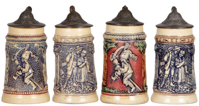 Eight Diesinger steins, pottery, all are between 5.1" to 5.6" ht., all relief, 560; with, man & woman; with, 560; with, man & woman; with, 560; with; 560, with, 560, lid tear & dent; with, 560, all have pewter lids, most good condition. - 2