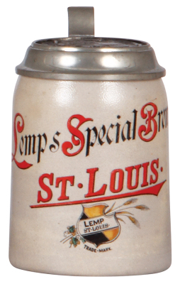 Stoneware stein, .5L, transfer & hand-painted, Lemps Special Brew St. Louis, pewter lid: Lemp St. Louis, pewter marked Pauson München, mint.