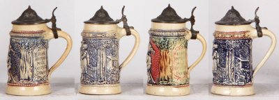 Eight Diesinger steins, pottery, all are between 5.1" to 5.6" ht., all relief, 560; with, man & woman; with, 560; with, man & woman; with, 560; with; 560, with, 560, lid tear & dent; with, 560, all have pewter lids, most good condition. - 4