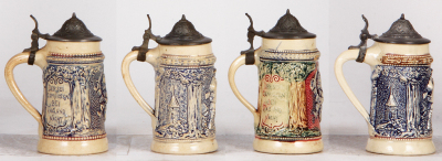 Eight Diesinger steins, pottery, all are between 5.1" to 5.6" ht., all relief, 560; with, man & woman; with, 560; with, man & woman; with, 560; with; 560, with, 560, lid tear & dent; with, 560, all have pewter lids, most good condition. - 5