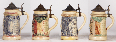 Eight Diesinger steins, pottery, all are between 5.1" to 5.6" ht., all relief, 560; with, man & woman; with, 560; with, man & woman; with, 560; with; 560, with, 560, lid tear & dent; with, 560, all have pewter lids, most good condition. - 6