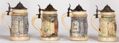 Eight Diesinger steins, pottery, all are between 5.1" to 5.6" ht., all relief, 560; with, man & woman; with, 560; with, man & woman; with, 560; with; 560, with, 560, lid tear & dent; with, 560, all have pewter lids, most good condition. - 7