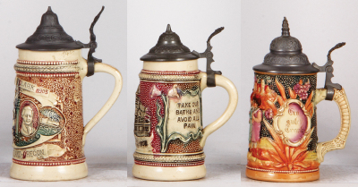 Six Diesinger steins, pottery, .25L, 880, 1805 Lewis & Clark 1905; with, .25L, relief, Mt. Clemens, Mich.; with, .25L, 771, relief; with, .25L, 2, relief, no thumblift; with, .25L, 2, relief, no thumblift; with, .25L, relief, Pikes Peak, all have pewter l - 4