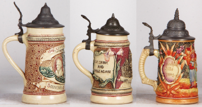 Six Diesinger steins, pottery, .25L, 880, 1805 Lewis & Clark 1905; with, .25L, relief, Mt. Clemens, Mich.; with, .25L, 771, relief; with, .25L, 2, relief, no thumblift; with, .25L, 2, relief, no thumblift; with, .25L, relief, Pikes Peak, all have pewter l - 5