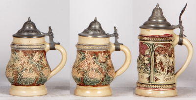 Six Diesinger steins, pottery, .25L, 880, 1805 Lewis & Clark 1905; with, .25L, relief, Mt. Clemens, Mich.; with, .25L, 771, relief; with, .25L, 2, relief, no thumblift; with, .25L, 2, relief, no thumblift; with, .25L, relief, Pikes Peak, all have pewter l - 6