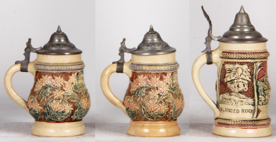 Six Diesinger steins, pottery, .25L, 880, 1805 Lewis & Clark 1905; with, .25L, relief, Mt. Clemens, Mich.; with, .25L, 771, relief; with, .25L, 2, relief, no thumblift; with, .25L, 2, relief, no thumblift; with, .25L, relief, Pikes Peak, all have pewter l - 7