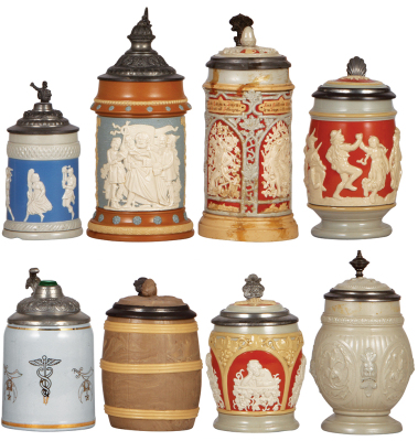 Eight Mettlach steins, .25L to .5L, relief, print-over-glaze, all have lids, all have some damage, from mild to severe, sold as is.