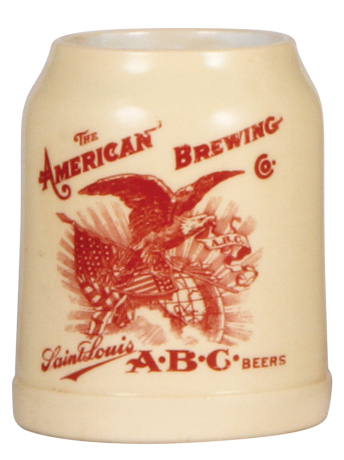 Pottery stein, .3L, transfer, marked: Thuemler Mfg. Co. Rochester, Pa., The American Brewing Co., Saint Louis, A.B.C. Beers, mint.