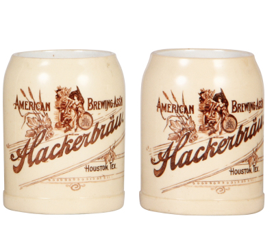 Two mugs, .25L, transfer, American Brewing Ass'n., Hackerbräu, Houston, Tex., mint.