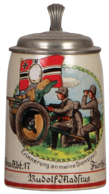 Third Reich stein, .5L, stoneware, 4. [E.] Pz-Abw.- Abt. 17., Fürth i. Bay. pewter lid with relief helmet with swastika, mint.