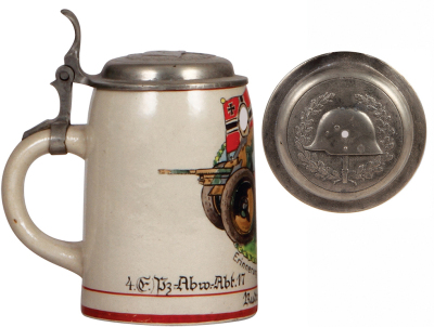 Third Reich stein, .5L, stoneware, 4. [E.] Pz-Abw.- Abt. 17., Fürth i. Bay. pewter lid with relief helmet with swastika, mint. - 3